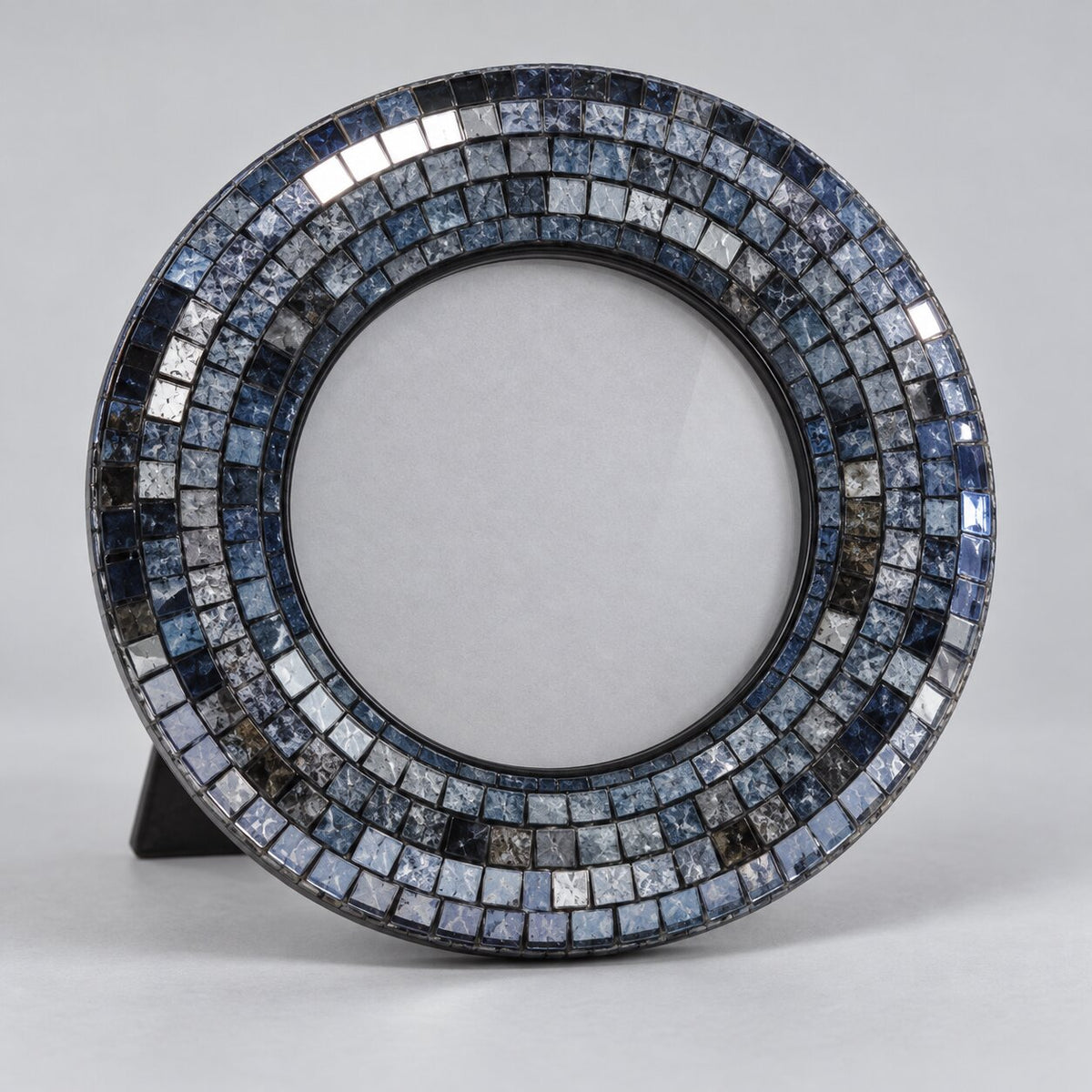 Lacivert-Gümüş Mozaik Cam Yuvarlak Fotoğraf Çerçevesi