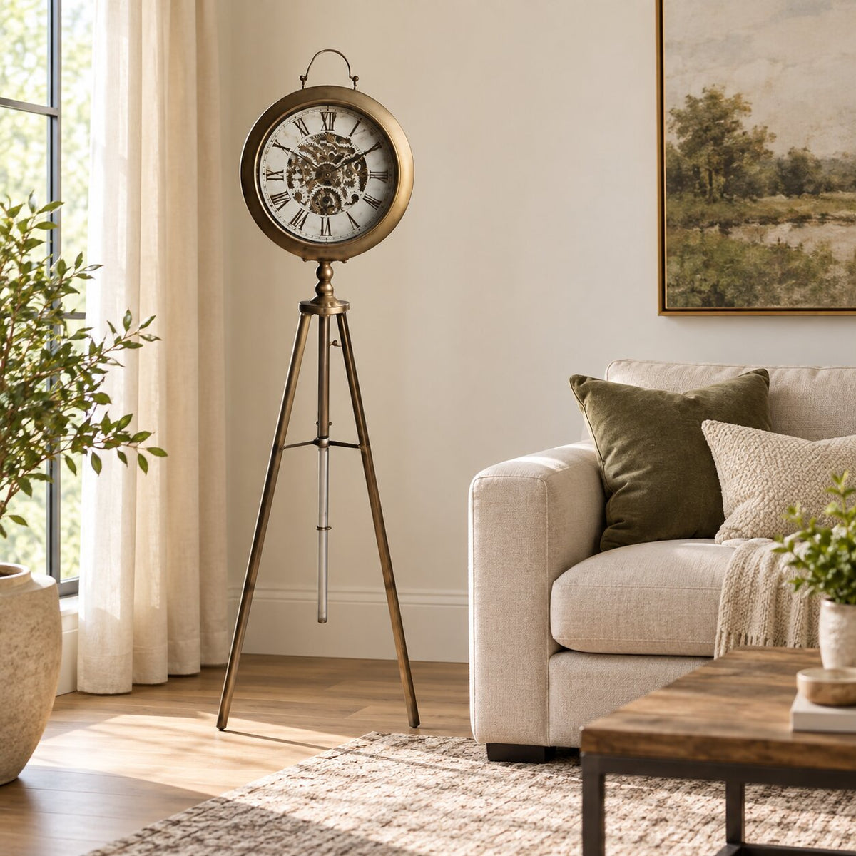 Krem Kadranlı Bronz Tripod Ayaklı Dişli Mekanizmalı Yer Saati