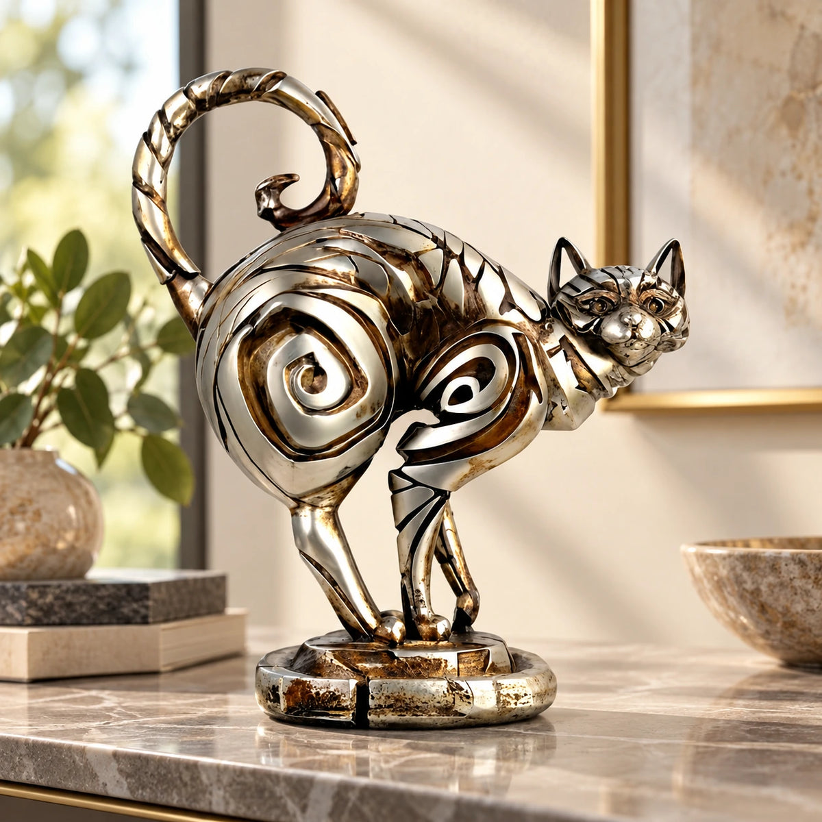 Eskitilmiş Pirinç Spiral Desenli Kedi Heykeli