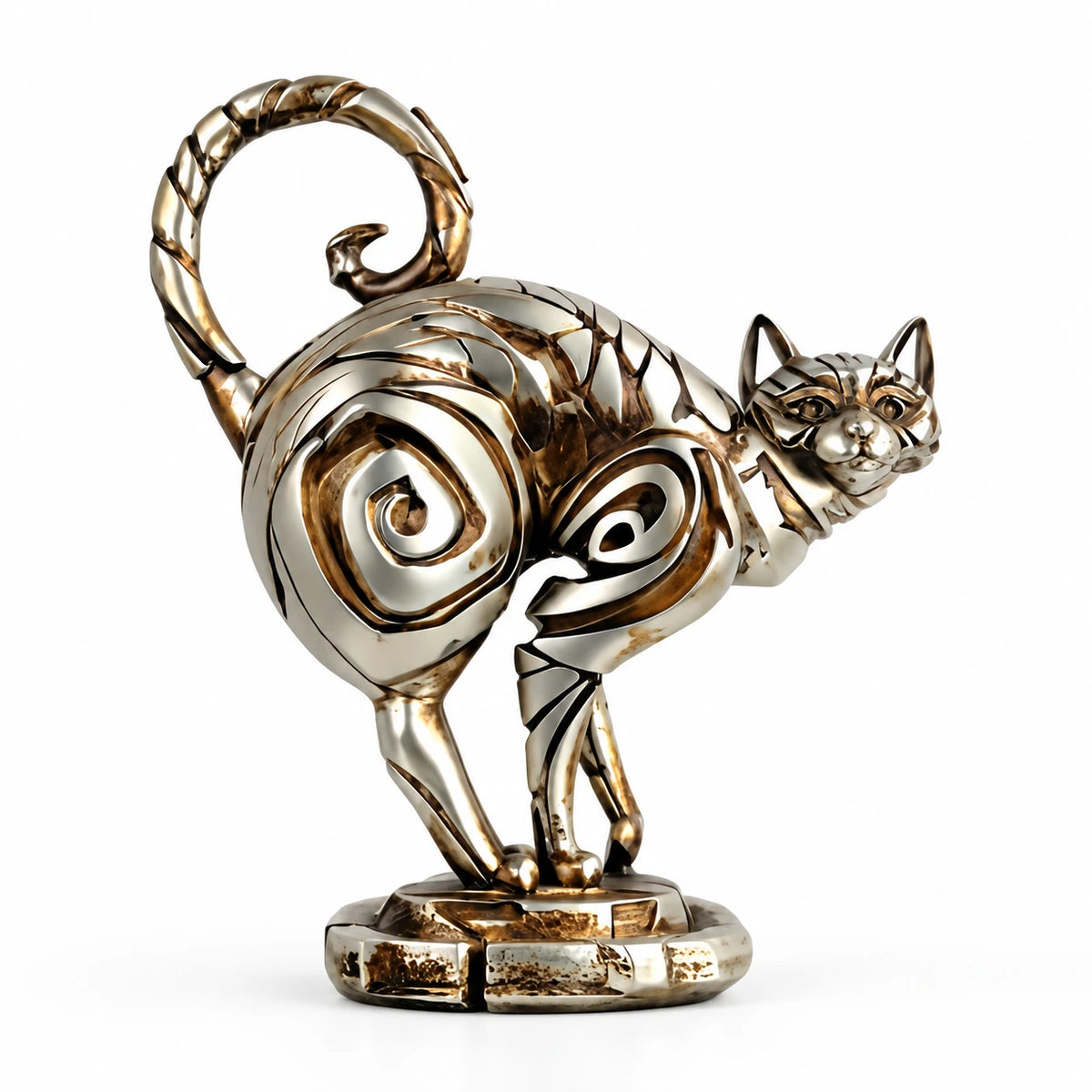 Eskitilmiş Pirinç Spiral Desenli Kedi Heykeli