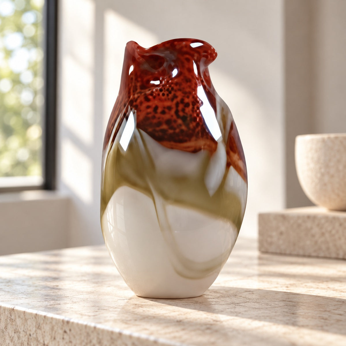 Büyük Kırmızı-Krem Dalgalı Ağızlı Cam Vazo