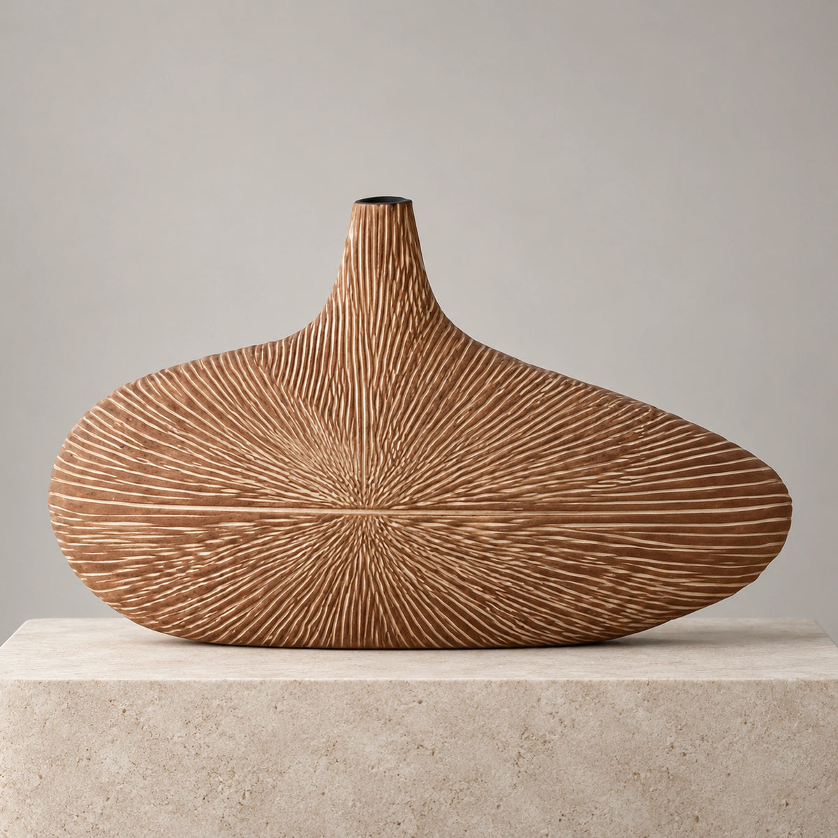 Ahşap Desenli Oval Yassı Polyresin Vazo