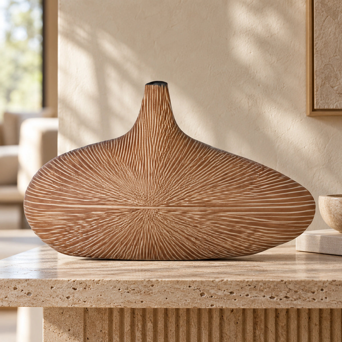 Ahşap Desenli Oval Yassı Polyresin Vazo