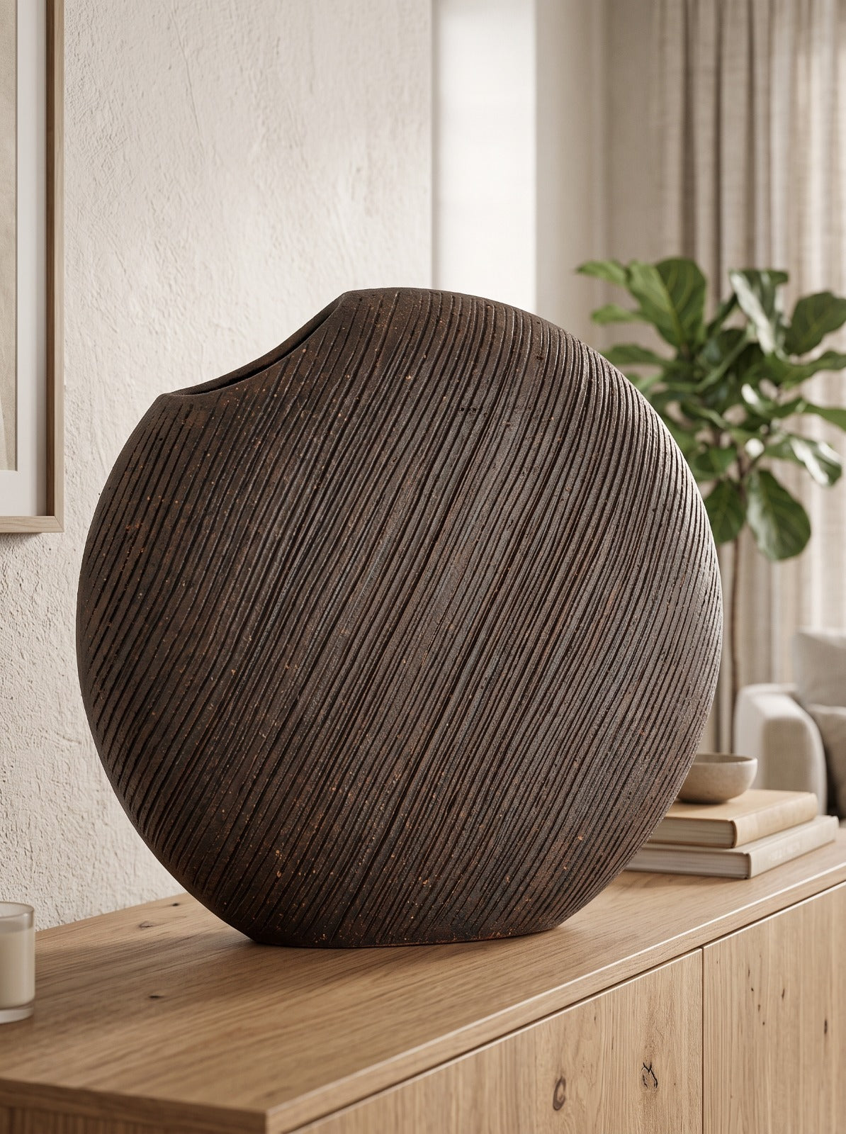 Çizgili Kahverengi Yuvarlak Polyresin Vazo – YZ03233BL-1
